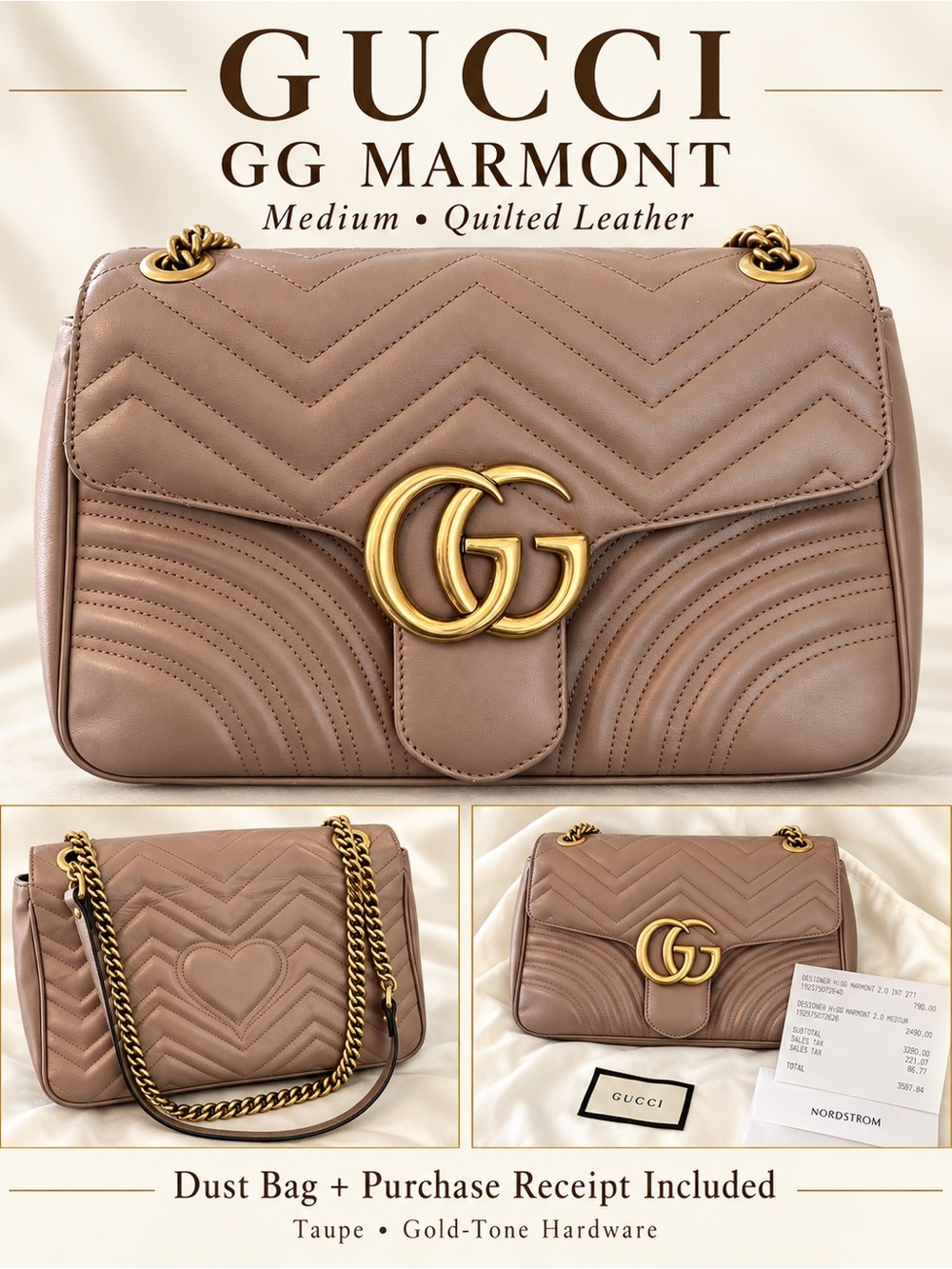 Gucci GG Marmont Medium Taupe Leather Shoulder Bag + Dust Bag